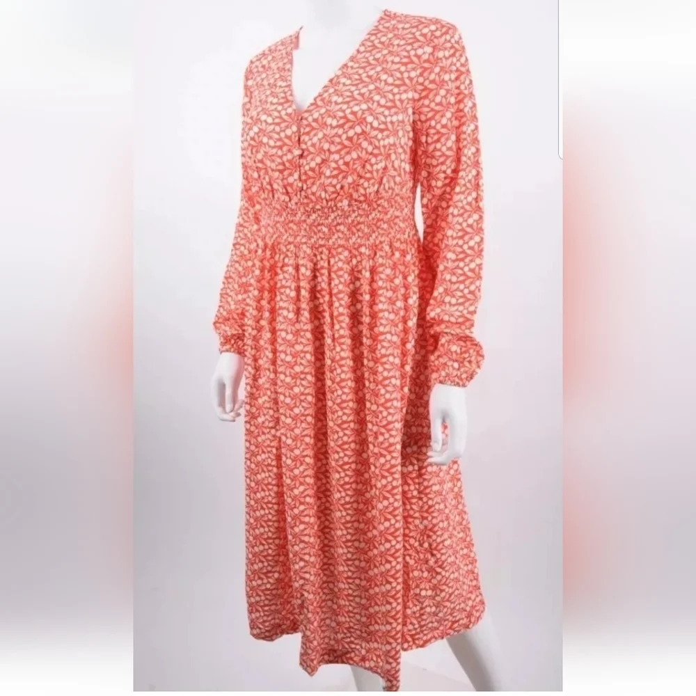 Boden Susannah Ruched V-Neck Front Button Midi Floral Dress Long Slv Dress